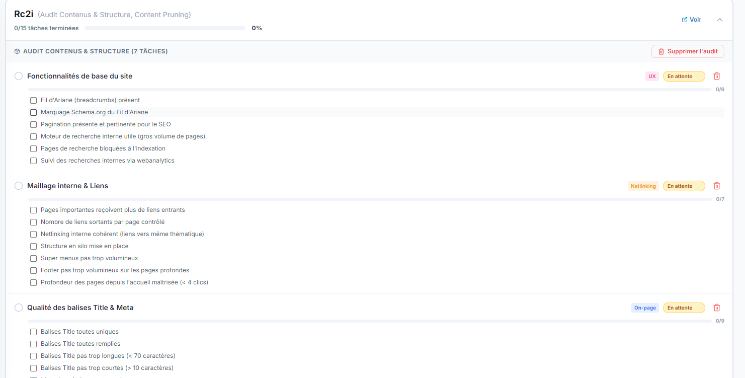Pack d'audit SEO appliqu&eacute; &agrave; un client dans SEO Pilote Pro