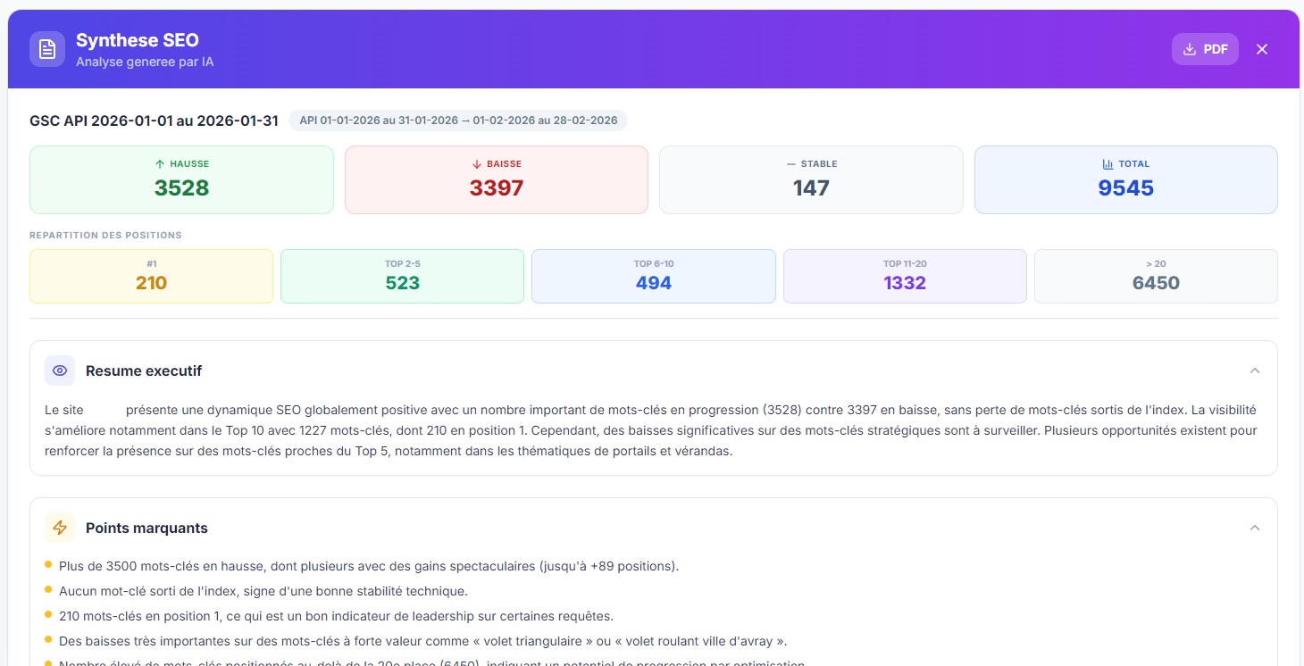 Rapport SEO g&eacute;n&eacute;r&eacute; par l'IA dans SEO Pilote