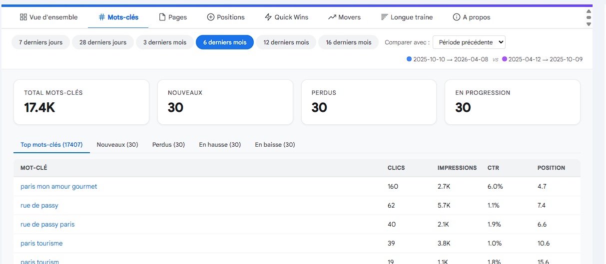 Analyse des mots-cl&eacute;s - Top mots-cl&eacute;s, nouveaux, perdus, en hausse et en baisse avec KPI
