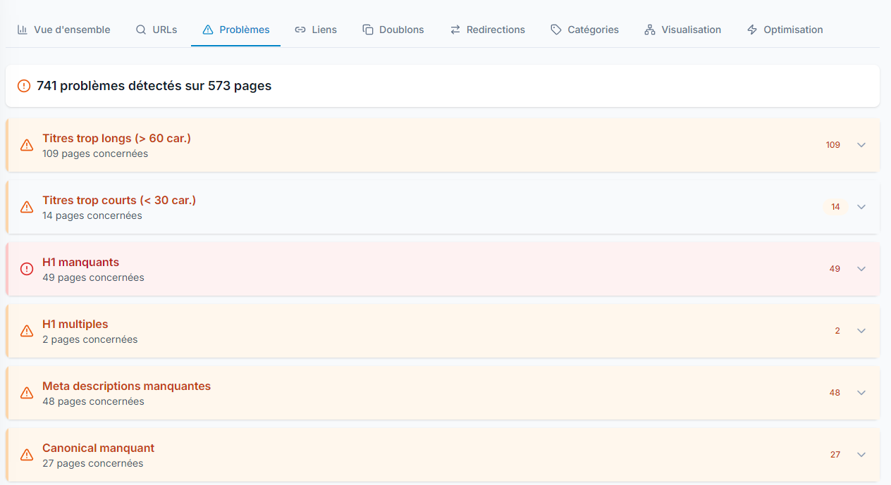 Onglet Probl&egrave;mes du crawler SEO Pilote Pro