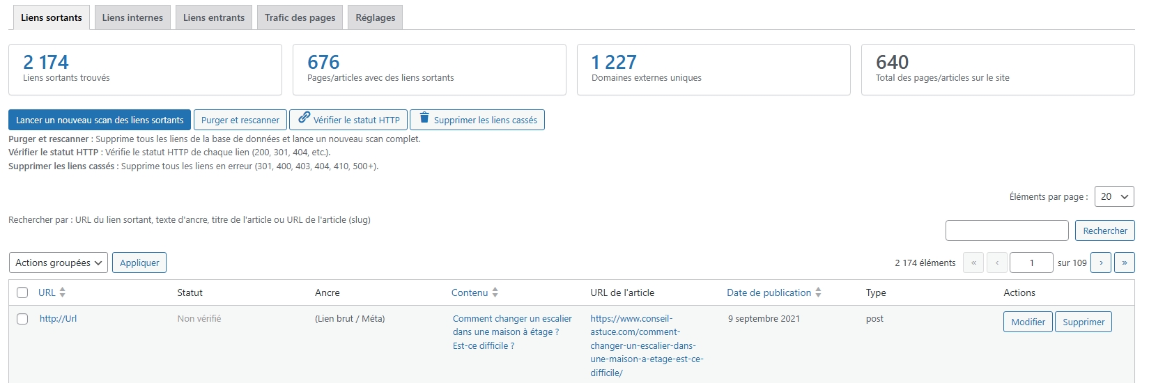Capture d'&eacute;cran - Analyse des liens sortants avec statuts HTTP et actions
