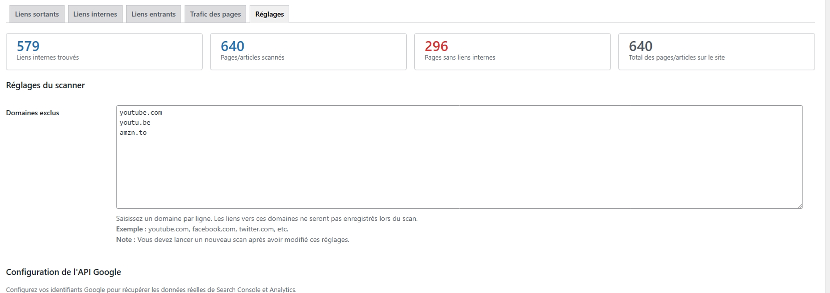 Capture d'&eacute;cran - R&eacute;glages du plugin avec domaines exclus et configuration Google API